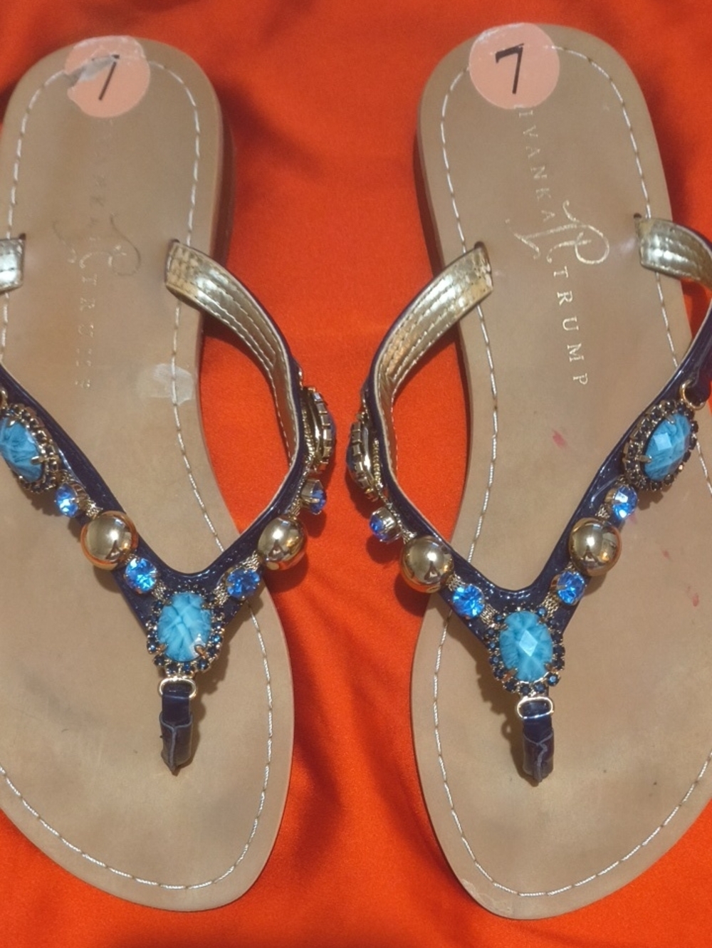 Ivanka Trump Black and Turquoise Jeweled Thong Sandals with Gold Accents
